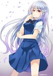  arm_support artist_name black_bow blue_dress bow chin_rest commentary dress gradient gradient_background grisaia_(series) grisaia_no_kajitsu hand_on_own_elbow kazami_kazuki long_hair pinafore_dress pink_eyes rossomimi sailor_collar school_uniform short_sleeves silver_hair solo 
