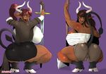  animal_humanoid bandage big_breasts bovine_humanoid breasts brown_hair butt camel_toe clothed clothing dark_skin erect_nipples female hair hooves horn huge_breasts humanoid long_hair looking_back melee_weapon muscular muscular_female nipples pointy_ears pose raised_tail red_hair skimpy sword tight_clothing weapon zedeki 