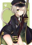  :&lt; animal_ears black_gloves black_hat blush cat_ears cat_tail eyebrows_visible_through_hair fingerless_gloves gloves green_eyes hasu_(velicia) hat holding holding_sword holding_weapon hotarumaru looking_at_viewer male_focus one_eye_closed sheath sheathed silver_hair smile solo sword tail touken_ranbu weapon 