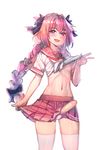  astolfo_(fate) blush bow_(bhp) braid commentary_request erection fang fate/apocrypha fate/grand_order fate_(series) foreskin hair_ribbon long_hair looking_at_viewer male_focus midriff navel nipples open_mouth otoko_no_ko panties penis pink_hair pleated_skirt purple_eyes red_sailor_collar red_skirt ribbon sailor_collar school_uniform serafuku shirt_lift simple_background single_braid skirt smile solo striped striped_panties thighhighs underwear v white_background white_legwear 