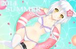  2014 animal_ears blush breasts cat_ears eyebrows_visible_through_hair flower hair_flower hair_ornament hasu_(velicia) highres innertube looking_at_viewer lying navel on_back original parted_lips short_hair small_breasts smile solo summer swimsuit thighhighs white_hair white_legwear yellow_eyes 