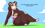  2016 animal_crossing anthro areola big_breasts blush breasts clothing cloud collar english_text erect_nipples eyeshadow female grass hedgehog komponi makeup mammal nintendo nipples outside sable_able sitting sky solo sweat text thick_thighs video_games 