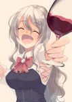  ^_^ ^o^ alcohol black_corset bow bowtie closed_eyes commentary_request corset cup drinking_glass drunk grey_hair highres holding kantai_collection long_hair long_sleeves masukuza_j no_hat no_headwear open_mouth pola_(kantai_collection) red_bow red_neckwear shirt simple_background smile solo wavy_hair white_shirt wine wine_glass yellow_background 