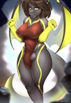  2016 anthro balls big_breasts breasts brown_hair bulge clothed clothing dickgirl dragon galaxxxart hair hi_res intersex membranous_wings nipple_bulge one-piece_swimsuit scalie small_waist solo swimsuit thick_tail thick_thighs wings yellow_eyes 