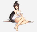  1girl arm_under_breasts athenawyrm azur_lane bare_shoulders black_hair blush bokken bow breast_hold breasts brown_eyes casual_one-piece_swimsuit cleavage closed_mouth commentary_request criss-cross_halter full_body hair_bow hair_flaps halterneck large_breasts long_hair looking_at_viewer one-piece_swimsuit ponytail ribbon simple_background sitting solo swimsuit sword takao_(azur_lane) takao_(beach_rhapsody)_(azur_lane) weapon white_background white_bow white_ribbon white_swimsuit wooden_sword 