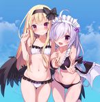  :d absurdres ahoge arm_hug armadillon barefoot bikini black_bikini black_wings blonde_hair blue_sky blush bow breasts copyright_request cowboy_shot day eyebrows_visible_through_hair flat_chest frill_trim front-tie_bikini front-tie_top hair_bow hair_over_one_eye hair_ribbon highres lavender_hair long_hair looking_at_viewer low_wings maid_headdress medium_breasts multiple_girls navel open_mouth outdoors pink_eyes plaid pointy_ears purple_eyes ribbon side-tie_bikini sidelocks sky smile standing standing_on_one_leg swimsuit w white_bikini wings 