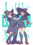  asymmetrical_bangs bangs boots brown_hair commentary_request dress glasses hair_over_one_eye hat kagari_atsuko knee_boots little_witch_academia long_hair lotte_jansson multiple_girls open_mouth orange_hair pale_skin red_eyes shake_sawa short_hair smile sucy_manbavaran witch witch_hat 