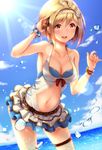  alternate_costume armpits bare_shoulders blonde_hair blush bob_cut breasts brown_eyes cleavage cloud day djeeta_(granblue_fantasy) frilled_skirt frills granblue_fantasy hairband highres light_particles lips looking_at_viewer medium_breasts miniskirt navel navel_cutout one-piece_swimsuit open_mouth outdoors short_hair skirt solo sunlight swimsuit thighs toki_(toki_ship8) water 