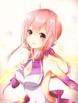  bare_shoulders blush breasts cleavage cleavage_cutout eyebrows_visible_through_hair highres large_breasts long_hair looking_at_viewer parted_lips phantasy_star phantasy_star_online_2 pink_eyes pink_hair smile solo sparkle toki_(toki_ship8) twitter_username 
