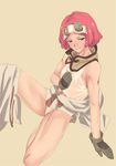  bare_legs blush gloves goggles goggles_on_head green_eyes highres koutetsujou_no_kabaneri midriff muscle muscular_female navel okape partially_undressed pink_hair solo sweat tan_background tank_top thighs wet wet_clothes yukina_(kabaneri) 