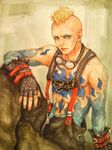  abs aniki_(ff10) bald blonde_hair earrings final_fantasy final_fantasy_x fingerless_gloves gloves goggles goggles_around_neck green_eyes jewelry male_focus mohawk morito_leaf9 shirtless sitting solo tattoo traditional_media 