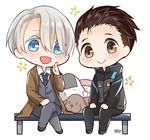  :&gt; :d bench big_cat_shan black_hair blue_eyes brown_eyes chibi coat crossed_legs food hair_slicked_back index_finger_raised jacket katsuki_yuuri male_focus multiple_boys necktie onigiri open_mouth silver_hair sitting smile track_jacket viktor_nikiforov yuri!!!_on_ice 