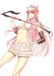  1girl bra breasts brown_eyes cleavage elbow_gloves fate/grand_order fate_(series) frills gloves long_hair medb_(fate/grand_order) midriff mound_of_venus navel open_mouth pink_hair skirt tiara weapon 