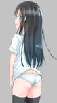  asashio_(kantai_collection) ass black_hair black_legwear blue_eyes comah cowboy_shot from_behind kantai_collection long_hair looking_back panties profile short_sleeves simple_background solo thighhighs underwear white_panties 