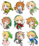  1boy 2girls arrow bashikou belt blonde_hair blue_eyes boots bow_(weapon) braid brown_boots brown_gloves cape closed_mouth collared_shirt earrings fingerless_gloves gloves green_shirt hat highres holding holding_sword holding_weapon hood jewelry link linkle lips long_hair male_focus multiple_boys multiple_girls nintendo pants pig pointy_ears ponytail puffy_short_sleeves puffy_sleeves quiver shield shirt short_sleeves shorts_under_skirt skirt smile solo sword the_legend_of_zelda the_legend_of_zelda:_a_link_between_worlds the_legend_of_zelda:_breath_of_the_wild the_legend_of_zelda:_ocarina_of_time the_legend_of_zelda:_skyward_sword the_legend_of_zelda:_the_wind_waker triforce tunic twin_braids weapon white_background white_pants zelda_musou 