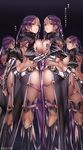  banned_artist black_background breast_press breasts butt_crack fate/grand_order fate_(series) fingerless_gloves from_behind gloves kneepits large_breasts long_hair looking_back minamoto_no_raikou_(fate/grand_order) multiple_girls pelvic_curtain purple_eyes purple_hair simple_background symmetrical_docking thighs viola_(seed) 