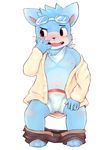  5_fingers anthro blue_fur blush canine clothed clothing cub dog eyewear fur goggles mammal navel neckerchief nipples open_mouth open_shirt pants_around_ankles whiskers woong young 