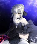  artoria_pendragon_(all) black_gloves blonde_hair braid breasts cleavage commentary_request dark_excalibur dark_persona dress fate/stay_night fate_(series) french_braid gloves gothic_lolita hair_ribbon highres holding_hands koro_(tyunnkoro0902) lolita_fashion looking_at_viewer medium_breasts ribbon saber_alter star starry_background sword weapon yellow_eyes 