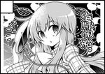  black_border border bow chestnut_mouth circle_cut commentary_request flower greyscale hata_no_kokoro highres holding holding_mask leaf long_hair long_sleeves looking_at_viewer mask monochrome plaid sidelocks solo souma_mizuki touhou translation_request upper_body 