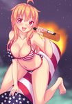  ahoge alcohol american_flag_bikini arm_support bare_shoulders barefoot bikini blonde_hair bottle breasts cleavage collarbone eyebrows_visible_through_hair fast-runner-2024 flag_print fourth_of_july hair_between_eyes highres holding large_breasts leaning_forward long_hair looking_at_viewer mismatched_bikini navel night night_sky open_mouth original red_eyes rocket shiny shiny_skin sketch sky solo star_(sky) starry_sky straddling swimsuit tiffy tongue whiskey 