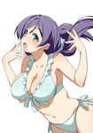  bikini blue_bikini blush breasts cleavage frilled_bikini_top frills front-tie_top green_eyes hair_ornament hair_scrunchie inue_shinsuke large_breasts long_hair love_live! love_live!_school_idol_project low_twintails navel open_mouth purple_hair scrunchie side-tie_bikini simple_background solo swimsuit toujou_nozomi twintails white_background 