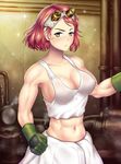  abs absurdres blak_at blush breasts cleavage clenched_hand cowboy_shot gauge gloves goggles goggles_on_head green_eyes highres koutetsujou_no_kabaneri medium_breasts midriff muscle muscular_female navel pink_hair short_hair solo sweat tank_top yukina_(kabaneri) 