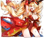 1girl anne_bonny_(fate/grand_order) armpits blonde_hair breasts choker cleavage coat covered_navel cravat detached_sleeves fate/grand_order fate_(series) hat leotard long_hair one_eye_closed open_mouth red_eyes twintails wink 