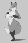  &lt;3 anthro big_breasts breasts canine female fox gloves_(marking) greyscale happy huge_breasts komponi looking_at_viewer mammal markings monochrome navel nipples nude one_eye_closed pussy slightly_chubby smile solo standing thick_thighs wide_hips wink 