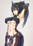  abs armpits arms_behind_head arms_up black_hair black_panties breasts commentary_request cowboy_shot grey_background large_breasts long_hair looking_at_viewer midriff monster_hunter nandz nargacuga_(armor) navel panties parted_lips ponytail red_eyes solo toned underboob underwear 