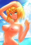  bad_id bad_pixiv_id blonde_hair blue_blue breasts cloud day green_eyes highres large_breasts lens_flare looking_at_viewer navel nipples original sky solo summer sun upper_body water 