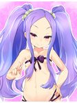  1girl breasts fate/grand_order fate_(series) hand_on_hip loincloth long_hair naughty_face navel purple_eyes purple_hair ribbon small_breasts smile solo twintails upper_body v very_long_hair wu_zetian_(fate/grand_order) 
