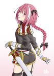  1boy artist_request ass black_legwear blush braid fate/apocrypha fate_(series) garter_straps gauntlets hair_ribbon long_hair looking_at_viewer male_focus multicolored_hair pink_hair pointing pointing_at_self purple_eyes ribbon rider_of_black sheathed single_braid smile solo streaked_hair sword thighhighs trap weapon 