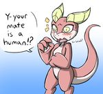  anthro blush dialogue dragon english_text female gradient_background horn rakkuguy simple_background solo speech_bubble sweat text yellow_eyes 