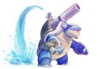  animal_on_back blastoise gen_1_pokemon highres mega_blastoise mega_pokemon no_humans open_mouth pokemon pokemon_(creature) red_eyes squirtle standing traceysketchit water 