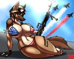  4th_of_july aircraft airplane anthro armor big_breasts bikini black_nose breasts canine cleavage clothed clothing compression_artifacts dog eyebrows eyelashes female fingerless_gloves german_shepherd gloves gun helmet huge_breasts jet jets m240 machine_gun mammal merica metalfoxxx nipple_bulge pose ranged_weapon sitting solo stars_and_stripes swimsuit united_states_of_america voluptuous weapon wide_hips 