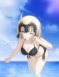  ahoge bare_legs blonde_hair blush breasts cleavage cloud commentary_request day fate/apocrypha fate/grand_order fate_(series) headpiece highres jeanne_d'arc_(alter)_(fate) jeanne_d'arc_(fate)_(all) koro_(tyunnkoro0902) large_breasts ocean one_eye_closed open_mouth short_hair sky solo splashing swimsuit yellow_eyes 