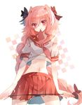  astolfo_(fate) bad_id bad_pixiv_id baocaizi black_bow bow braid fate/apocrypha fate_(series) hair_bow highres long_hair looking_at_viewer male_focus midriff mouth_hold navel otoko_no_ko panties panty_pull pink_eyes pink_hair pleated_skirt school_uniform skirt solo underwear 