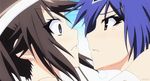  2girls animated animated_gif bare_shoulders blue_eyes blue_hair blush brown_eyes brown_hair character_request eye_contact eyes_closed face-to-face female headband kiss looking_at_another medaka_box multiple_girls parted_lips surprised tears yuri 
