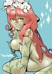  batman_(series) blue_background breasts character_name dc_comics flower green_eyes green_skin grin hair_flower hair_ornament jinbei large_breasts leaf long_hair looking_up nude poison_ivy red_hair simple_background smile solo sparkle 