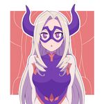  :o artsy-rc blush bodysuit boku_no_hero_academia breasts domino_mask drill_hair highres horns large_breasts long_hair looking_at_viewer mask mount_lady purple_eyes silver_hair simple_background solo upper_body white_background 