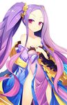  bare_shoulders bow breasts chinese_clothes collarbone dress fate/grand_order fate_(series) hanfu ichiyan long_hair long_sleeves no_bra no_panties off_shoulder open_clothes pelvic_curtain purple_eyes purple_hair sash shawl small_breasts smile solo twintails very_long_hair wide_sleeves wu_zetian_(fate/grand_order) 