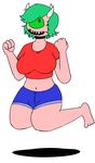  1_eye 2017 4_fingers breasts cacodemon clothed clothing cyclops demon doom female floating green_eyes green_hair hair horn humanoid looking_at_viewer midriff monster_girl_(genre) not_furry open_mouth pink_skin sharp_teeth shirt shorts simple_background smile solo spikes t-shirt teeth unknown_artist video_games white_background 