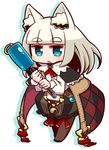  7th_dragon 7th_dragon_(series) animal_ears blue_eyes blush brown_legwear chibi eyebrows_visible_through_hair green_eyes ikurakun_(7th_dragon) looking_at_viewer mage_(7th_dragon) naga_u parted_lips solo thighhighs triangle_mouth white_hair 