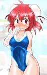 bandages blue_swimsuit blush bun_cover competition_swimsuit cowboy_shot double_bun ibaraki_kasen one-piece_swimsuit red_eyes red_hair short_hair solo standing swimsuit touhou white_background winn 