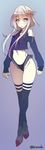  adapted_costume bare_shoulders black_legwear black_panties black_sailor_collar crescent crescent_hair_ornament crossed_legs frilled_panties frills full_body grey_eyes hair_ornament highres kantai_collection navel panties purple_background sailor_collar short_hair short_hair_with_long_locks silver_hair solo standing takeda_aranobu thighhighs twitter_username underwear watson_cross yayoi_(kantai_collection) 