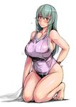  armpits bangs bare_arms bare_legs bare_shoulders barefoot blush breasts closed_mouth collarbone commentary_request competition_swimsuit full_body green_hair highleg highleg_swimsuit kneeling large_breasts long_hair looking_at_viewer one-piece_swimsuit pink_eyes rozen_maiden smile solo suigintou sweat swimsuit towel tsuda_nanafushi 