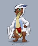  2017 anthro brown_fur bryce_daeless bulge clothing costume digital_media_(artwork) fangs fur green_eyes hoodie kigu legendary_pok&eacute;mon lugia mammal mustelid nintendo one_eye_closed otter panties pok&eacute;mon simple_background standing tan_fur theandymac tongue tongue_out underwear video_games wink 