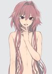  alternate_hairstyle astolfo_(fate) fang fate/apocrypha fate/grand_order fate_(series) grey_background hair_down highres hita_(hitapita) long_hair looking_at_viewer male_focus navel nude open_mouth otoko_no_ko pink_hair purple_eyes simple_background smile solo upper_body 