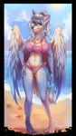  3_breasts anthro beach bikini breasts canine clothed clothing feathered_wings feathers female looking_at_viewer mammal multi_breast outside reptilies-conder seaside smile solo standing swimsuit wings zumjakal 