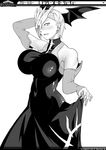  arm_up bare_shoulders black_dress blush boku_no_hero_academia breasts covered_navel dragon_girl dragon_wings dress dress_lift ear_piercing elbow_gloves fingerless_gloves gloves greyscale hair_over_one_eye head_wings highres karasu_h large_breasts looking_at_viewer monochrome piercing ryuukyuu sharp_teeth short_hair simple_background skirt skirt_lift sleeveless sleeveless_dress solo teeth text_focus turtleneck white_background wings 